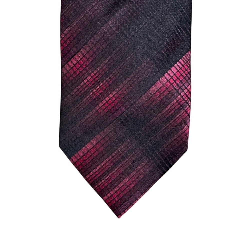 Bruno Marchesi Mens Silk Necktie Black Burgundy Magenta Diagonal Plaid Handmade